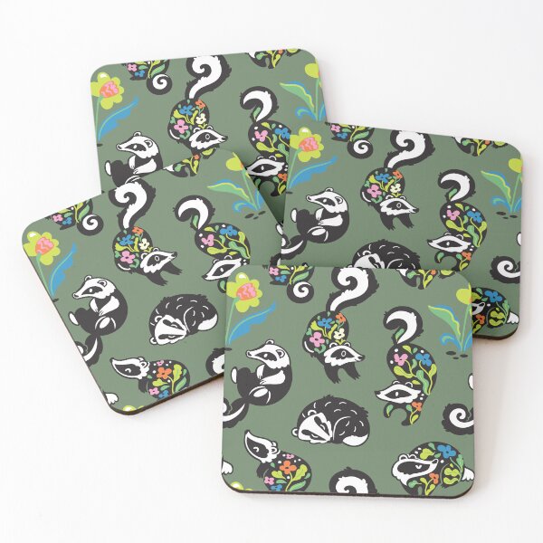 Item preview, Playful floral badgers in a folk style on dark green designed and sold by PenguinHouse.