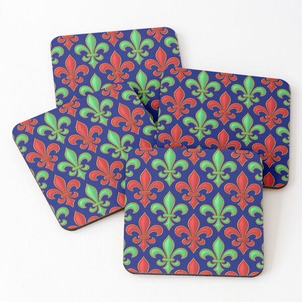 Item preview, Red Green Fleur-de-lis Design On Blue Background  designed and sold by PatternTitan.