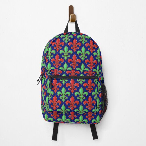 Item preview, Red Green Fleur-de-lis Design On Blue Background  designed and sold by PatternTitan.