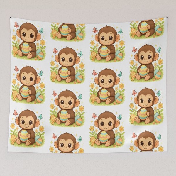 Item preview, Cute Baby Monkey Holding Decorated Easter Egg Surrounded By Flowers, Butterflies And Spring Symbols designed and sold by FireOrchid.