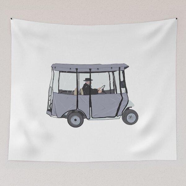 Item preview, Orthodox Jewish man driving covered golf cart in Mea Shearim neighborhood Jerusalem illustration designed and sold by Ekaterina Khozatskaya.