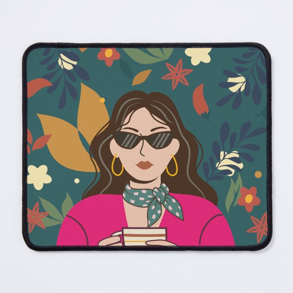 Item preview, relaxed woman enjoying a hot drink, surrounded by abstract flowers and leaves designed and sold by nesgalina.