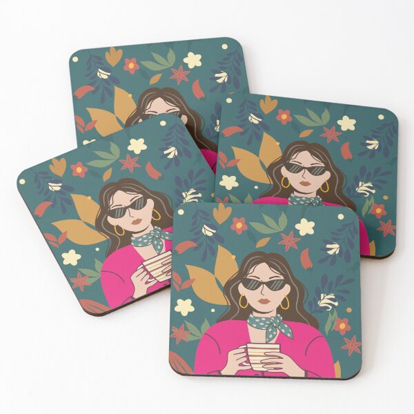Item preview, relaxed woman enjoying a hot drink, surrounded by abstract flowers and leaves designed and sold by nesgalina.