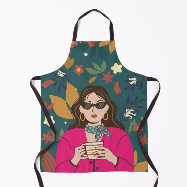 Item preview, relaxed woman enjoying a hot drink, surrounded by abstract flowers and leaves designed and sold by nesgalina.