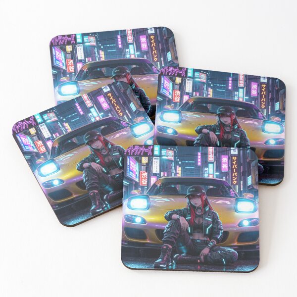 Item preview, Yellow JDM Car & Techwear Anime Girl - Cyberpunk Neon Alley designed and sold by JDMTokyoStore.