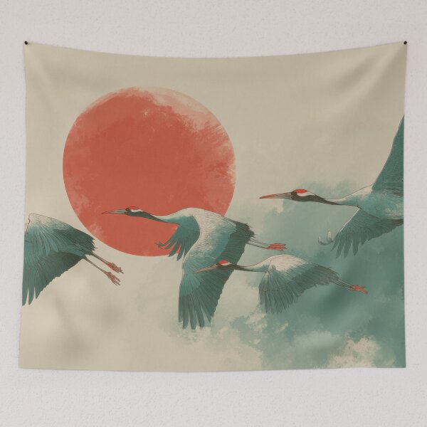 Item preview, Cranes fly in front of a red sun designed and sold by anytka.