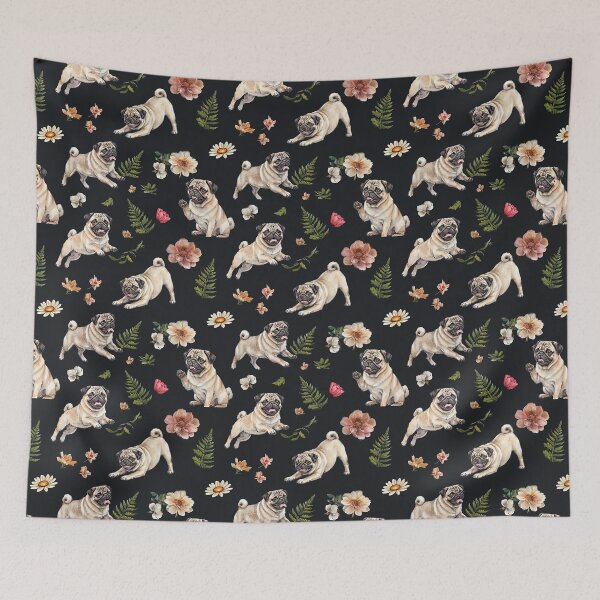 Item preview, Pug Dog Black Floral Pattern Throw Blanket designed and sold by candiscamera.