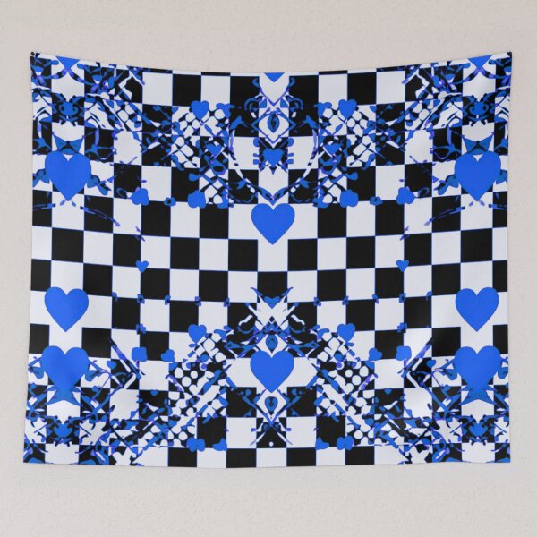 Item preview, Checkered Pattern With Symmetric Blue Hearts & Random Shapes designed and sold by CDPrintsDesigns.