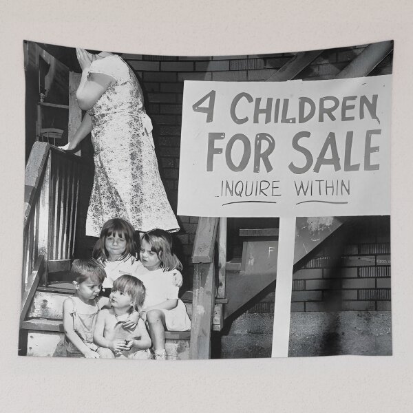 Item preview, Parenthood - 4 Children for Sale funny vintage humorous black and white photograph poster art print designed and sold by Astrid Arkhangelsky.