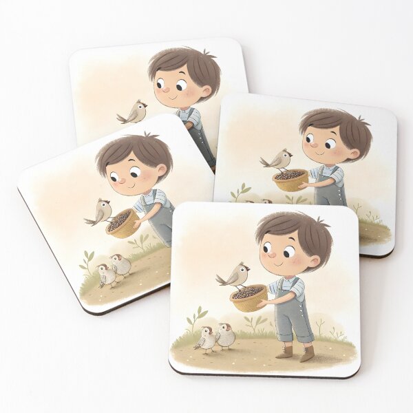 Item preview, Boy Feeding Birds Illustration – Storybook Nursery Wall Art, Woodland Kids Room Decor, Cute Nature Animal Poster designed and sold by LoveNurseries.