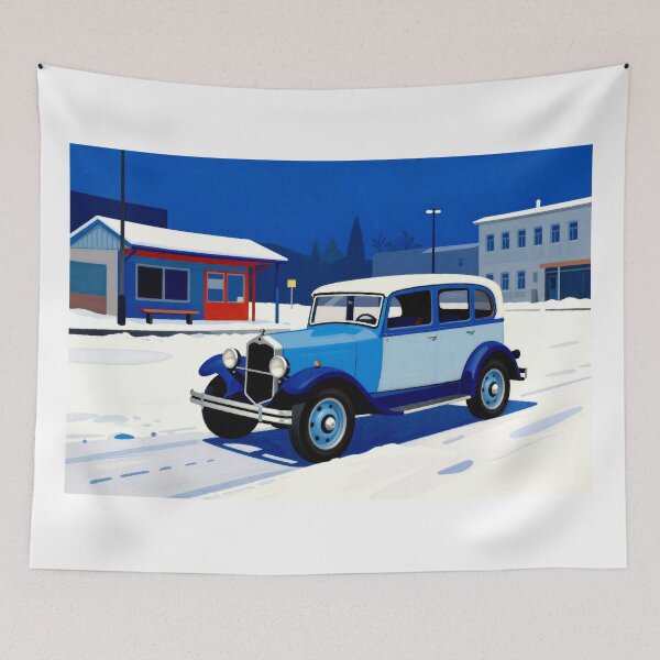 Item preview, Vintage Blue Car in Minimalist Winter Town designed and sold by Gabi.Media.
