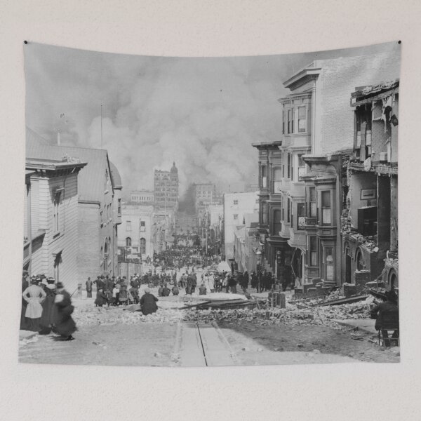 Item preview, Vintage 1906 San Francisco Earthquake and Fire, Sacramento Street black and white photograph poster art print designed and sold by Astrid Arkhangelsky.