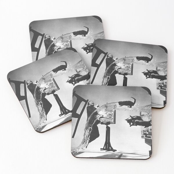 Item preview, Vintage surrealist three cats jumping iconic black and white photograph poster art print designed and sold by Astrid Arkhangelsky.