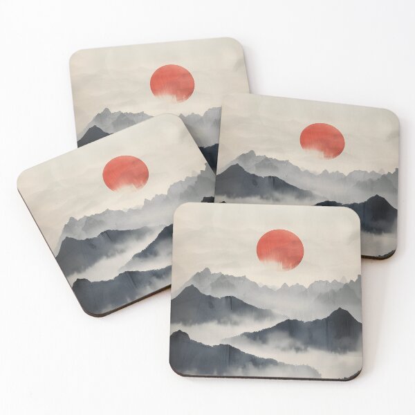 Item preview, Misty Korean Mountain Landscape with Red Sun – Minimal Ink Wash Zen Nature Art designed and sold by Windy-market.