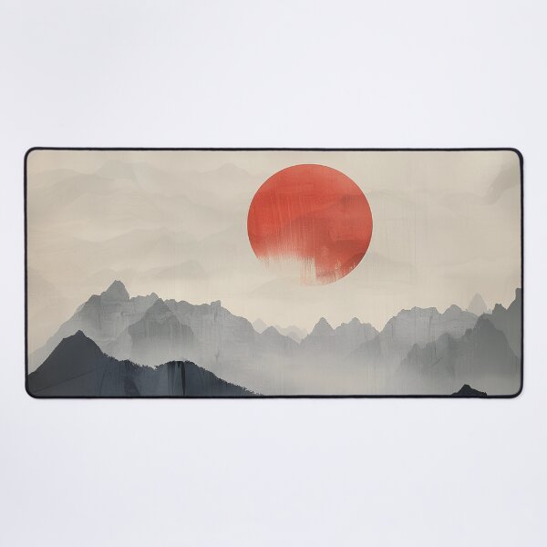 Item preview, Misty Korean Mountain Landscape with Red Sun – Minimal Ink Wash Zen Nature Art designed and sold by Windy-market.