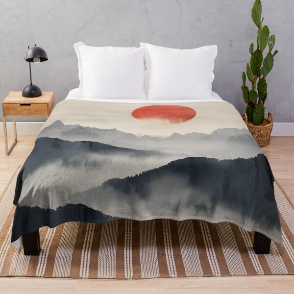 Item preview, Misty Korean Mountain Landscape with Red Sun – Minimal Ink Wash Zen Nature Art designed and sold by Windy-market.
