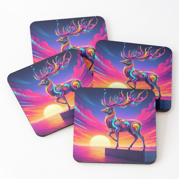 Item preview, Neon Deer on Platform – Surreal Sunset Fantasy Art designed and sold by Dogandesighn.