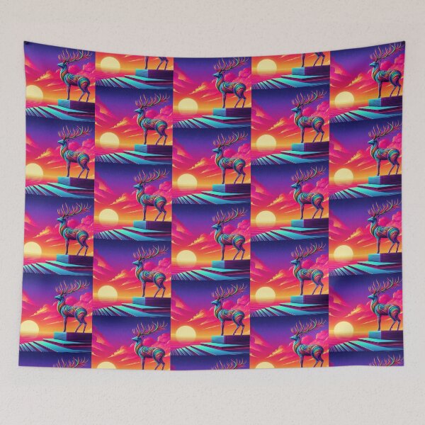 Item preview, Neon Deer at Sunset – Surreal Cliff Fantasy Art designed and sold by Dogandesighn.