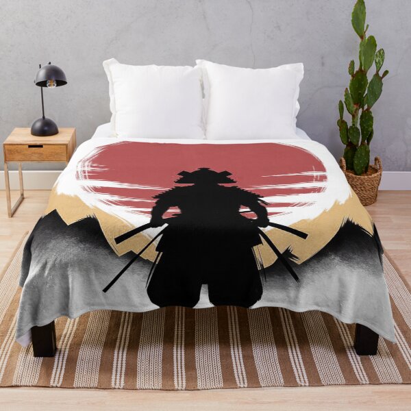 Aperçu de l'œuvre Silhouette d'ombre de samouraï – Art guerrier japonais, design minimaliste du soleil rouge créée et vendue par Thompika.