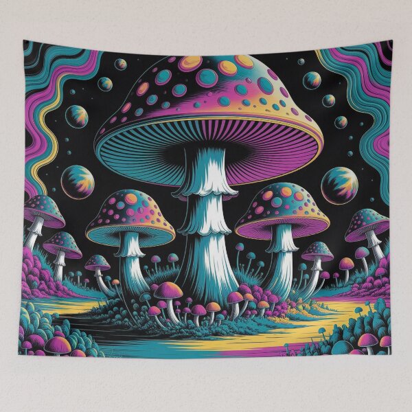 Item preview, Psychedelic Mushroom Field – Vibrant Trippy Mushroom Landscape Art designed and sold by Thompika.