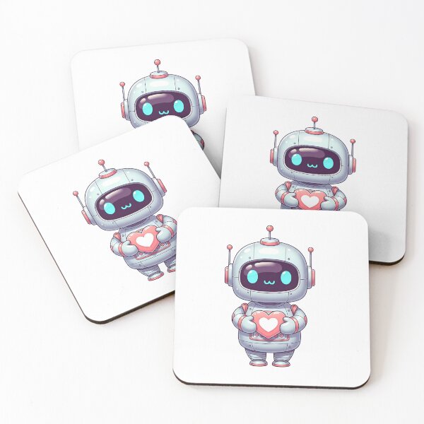Item preview, A smiling robot holding a glowing pink heart in a futuristic cityscape designed and sold by VerizalShop.
