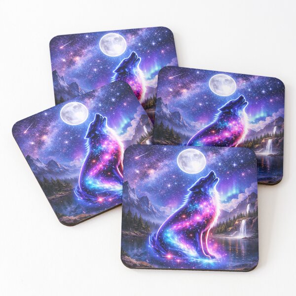 Item preview, Cosmic Wolf Howling at Full Moon Galaxy Night Landscape with Mountains and Waterfall designed and sold by TTM Inspirational.