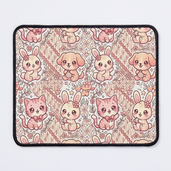 Item preview, Kawaii Batik Animal Pattern – Cute Chibi Cat, Rabbit & Dog with Indonesian Parang Kawung Motif, Pastel Seamless Design designed and sold by ahfas86.