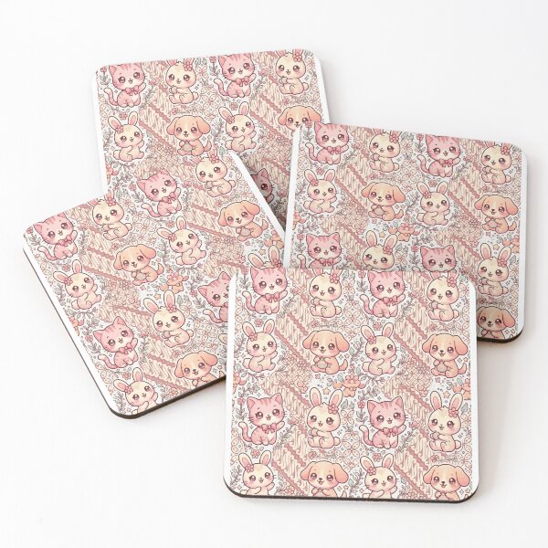 Item preview, Kawaii Batik Animal Pattern – Cute Chibi Cat, Rabbit & Dog with Indonesian Parang Kawung Motif, Pastel Seamless Design designed and sold by ahfas86.