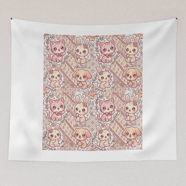 Item preview, Kawaii Batik Animal Pattern – Cute Chibi Cat, Rabbit & Dog with Indonesian Parang Kawung Motif, Pastel Seamless Design designed and sold by ahfas86.