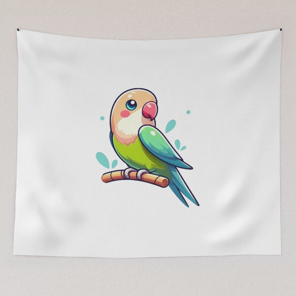 Item preview, A colorful cartoon lovebird perched on a branch, with vibrant feathers and a cheerful expression. designed and sold by cave-canvas.