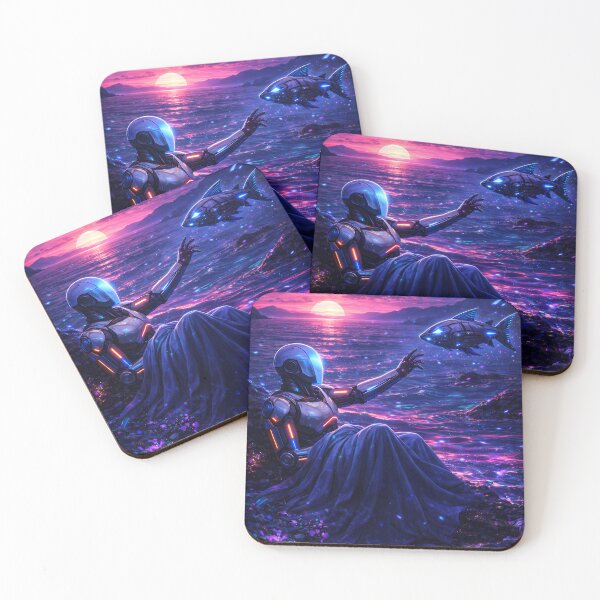 Item preview, Futuristic Robot Watching Sunset with Cyber Fish – Synthwave Sci Fi Aesthetic designed and sold by KnitOfShadoF.