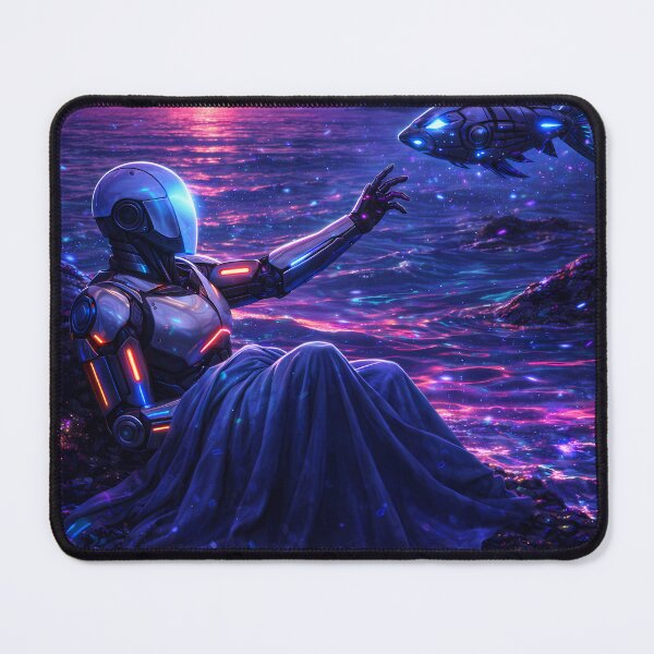 Item preview, Futuristic Robot Watching Sunset with Cyber Fish – Synthwave Sci Fi Aesthetic designed and sold by KnitOfShadoF.