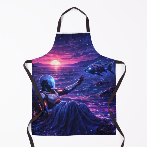 Item preview, Futuristic Robot Watching Sunset with Cyber Fish – Synthwave Sci Fi Aesthetic designed and sold by KnitOfShadoF.