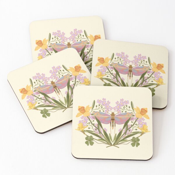 Item preview, Vintage Floral Crest with Daffodils and Lacewing.Enchanted Meadow Botanical Illustration designed and sold by Grin Katalina Floral Patterns & Cozy Art.
