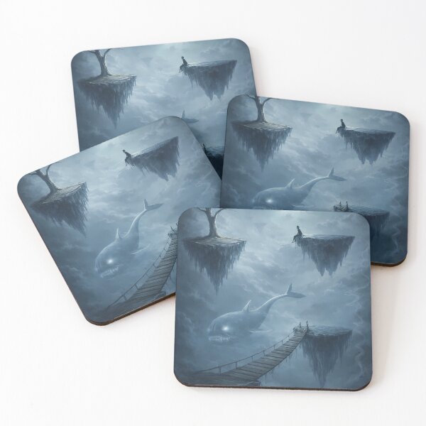 Item preview, Lonely Dreamscape with Floating Islands and Shadow Whale – Dark Surreal Fantasy Art designed and sold by KnitOfShadoF.