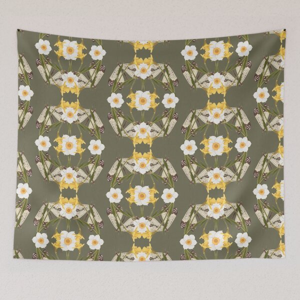 Item preview, Vintage Entomological Damask - Narcissus and Insects. Symmetrical Spring Nature Mandala designed and sold by Grin Katalina Floral Patterns & Cozy Art.
