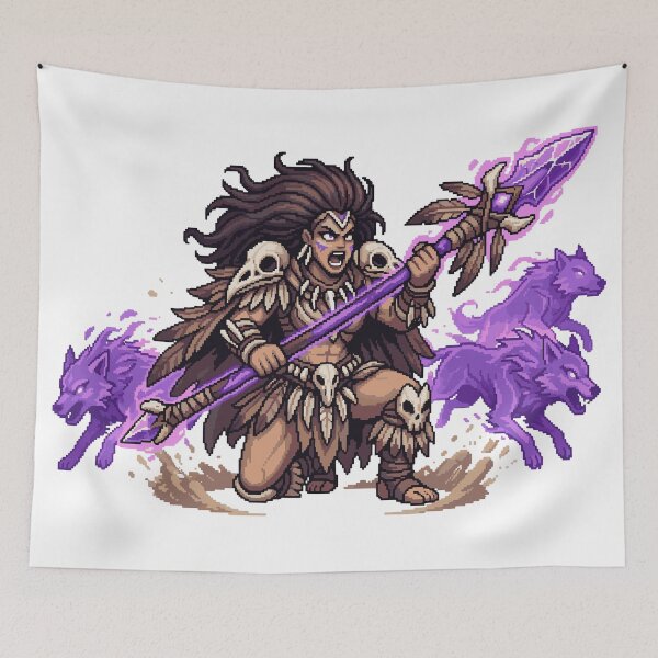 Item preview, Pixel Art Spirit Shaman Warrior with Purple Wolves – Retro 8-Bit Fantasy Design designed and sold by AmazingEG.