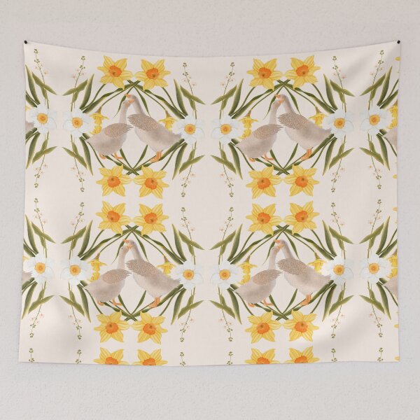 Item preview, Charming rustic pattern featuring whimsical geese and sunny daffodils. A perfect blend of country charm and spring freshness. designed and sold by Grin Katalina Floral Patterns & Cozy Art.