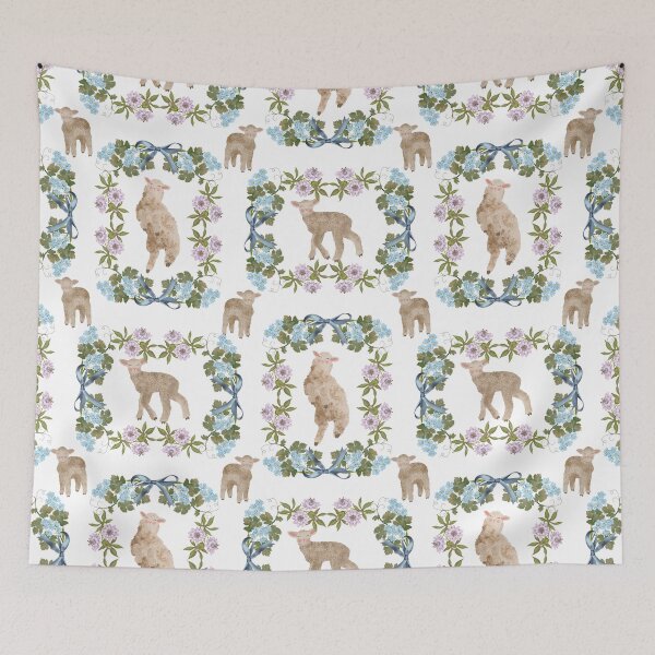 Item preview, Sweet and gentle pattern with fluffy lambs, blue forget-me-nots, and grape leaves. Soft, nostalgic, and perfect for children's decor. designed and sold by Grin Katalina Floral Patterns & Cozy Art.
