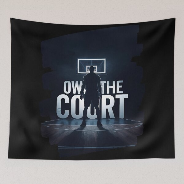 Item preview, Basketball Player silhouette standing tall with glowing hoop behind white text-Own The Court 8 designed and sold by Neon G.