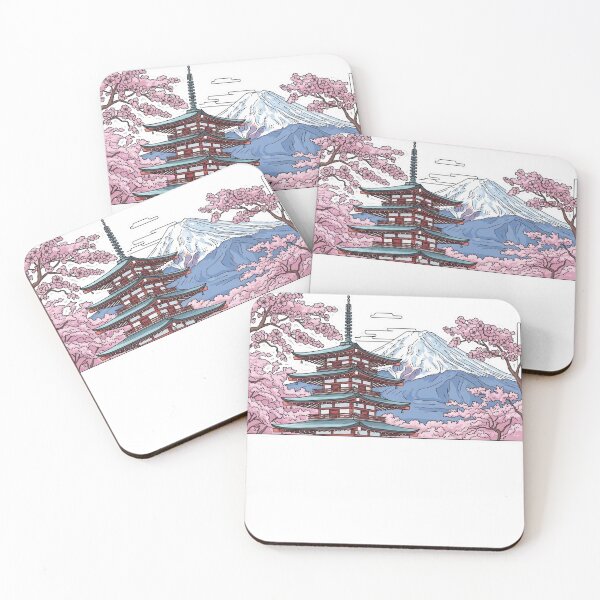 Item preview, Japanese landscape with temple and pink trees designed and sold by Black Sorrow.