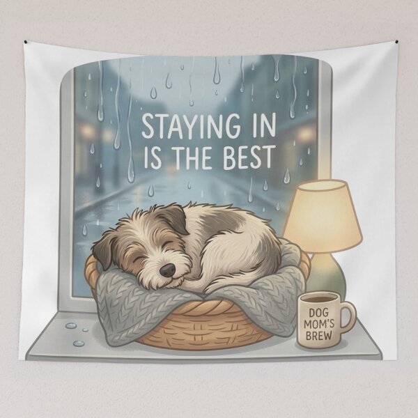 Item preview, Staying In Is The Best Cozy Dog Design | Rainy Day Aesthetic Cute Sleeping Puppy designed and sold by SoftPawsAtelier.