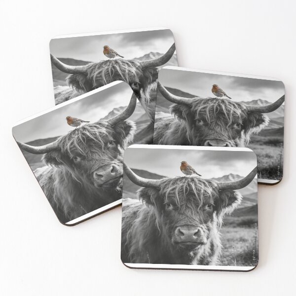 Item preview, Highland Cow Black & White with Robin | Scottish Wildlife Portrait designed and sold by QuietCanvasArtworks.