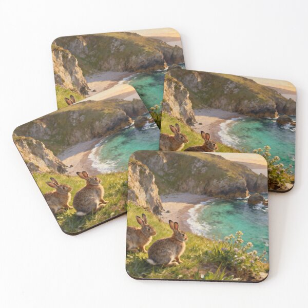 Item preview, Cornish Coastal Cove with Rabbits | Spring Seaside Landscape Art designed and sold by QuietCanvasArtworks.