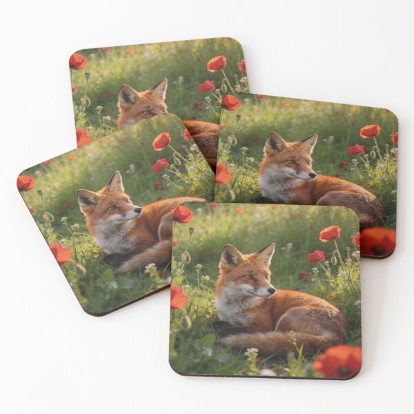 Item preview, Red Fox in Poppy Meadow | Northumberland Spring Wildlife Art designed and sold by QuietCanvasArtworks.