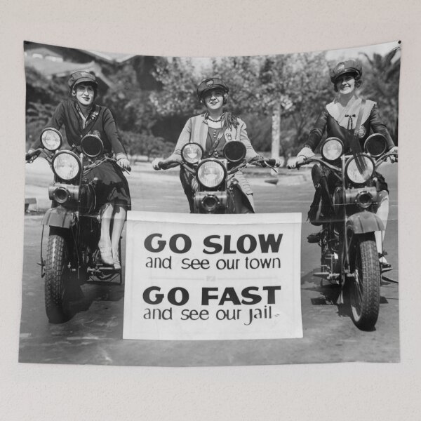 Item preview, Vintage Motorcycle Female Officers, Los Angeles, 1927 black and white photograph poster art print designed and sold by Astrid Arkhangelsky.