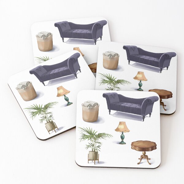 Item preview, Living room scene with a sofa, table, lamp, plant, and basket of blankets in a simple arrangement in a modern style designed and sold by Ms. Iryna.