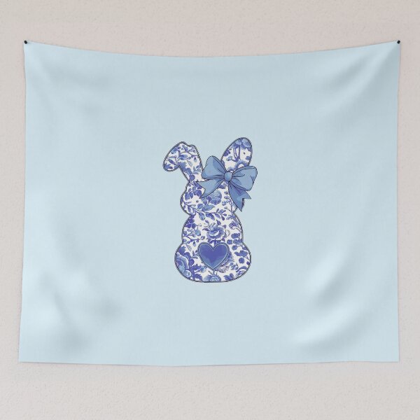 Item preview, Blue Chinoiserie Bunny – Back View with Bow and Heart Tail designed and sold by EmeraldeaArt.