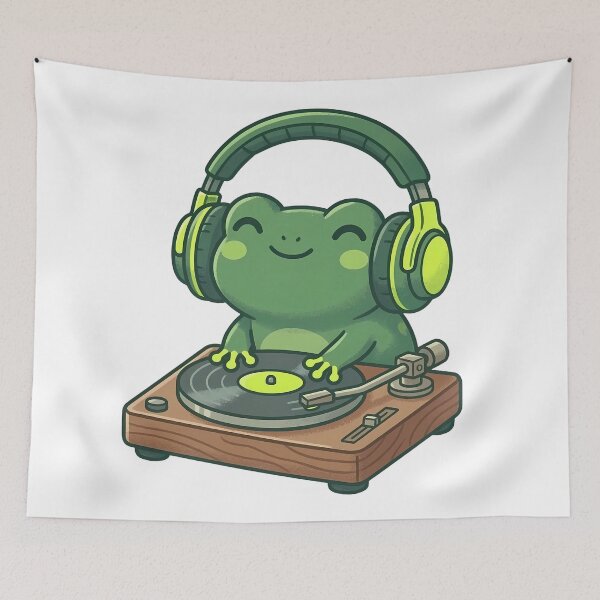 Item preview, Kawaii Tree Frog DJ Spinning Vinyl Record designed and sold by Ich-Studio.