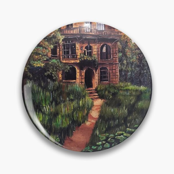 Item preview, Old victorian church in woods with sunset original oil painting designed and sold by Ironic-Arts.